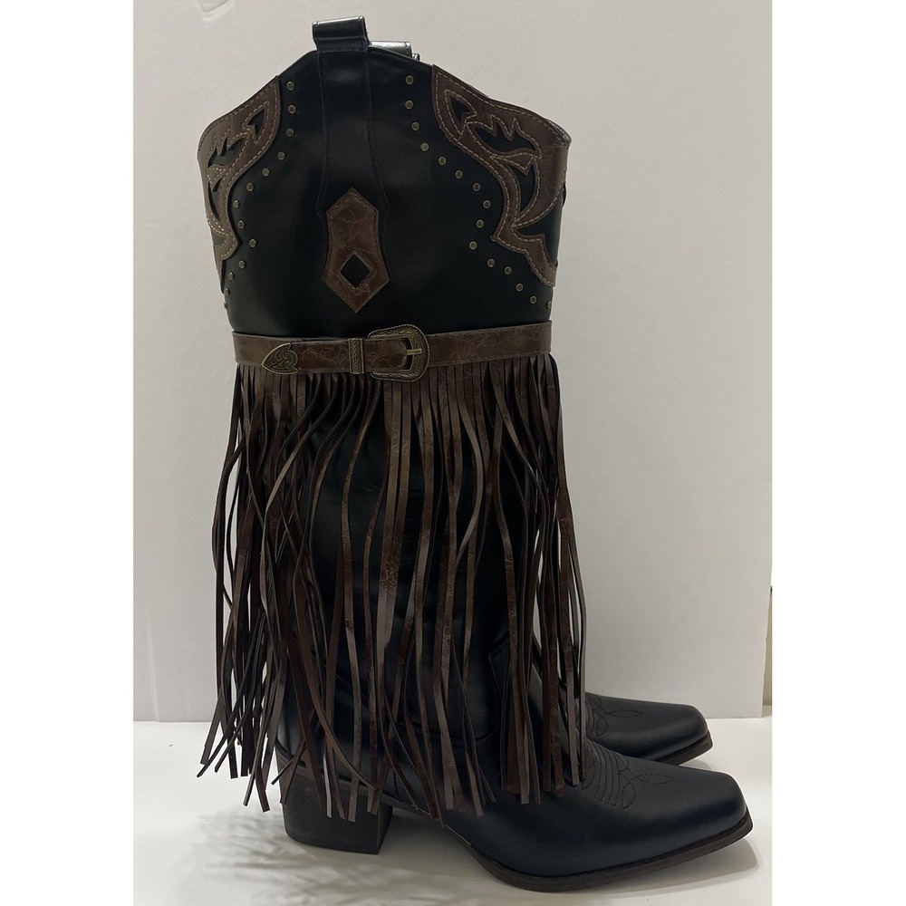 Women's Western Cowboy Boots Brown Black Fringe Decorative Buckle Size 9.5